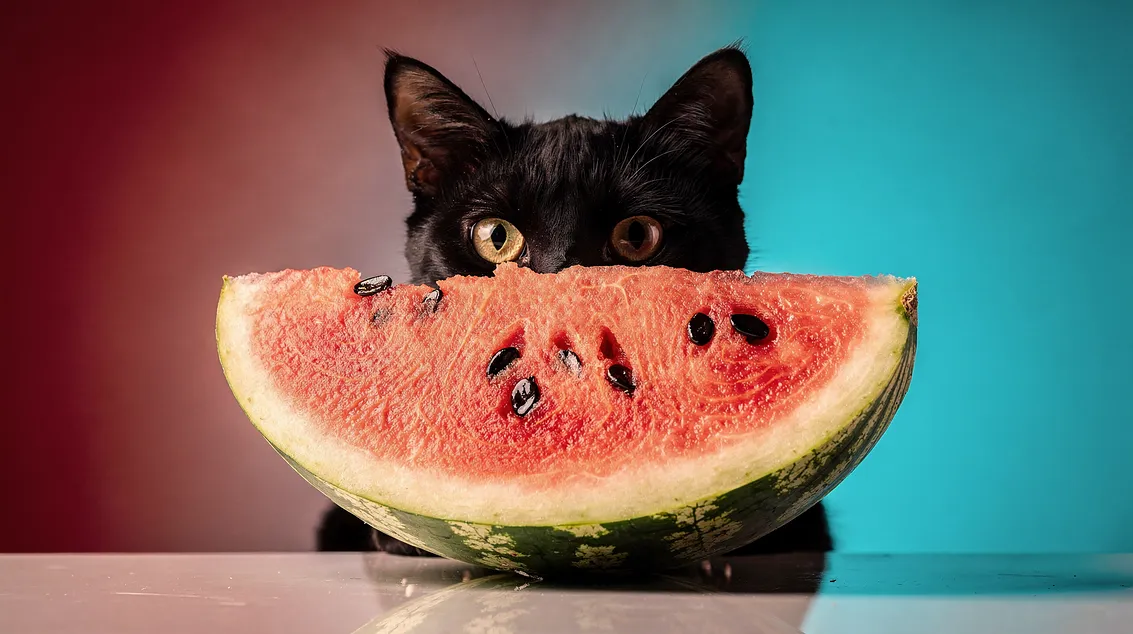 FLUX.2 official prompt example: black cat behind a watermelon slice